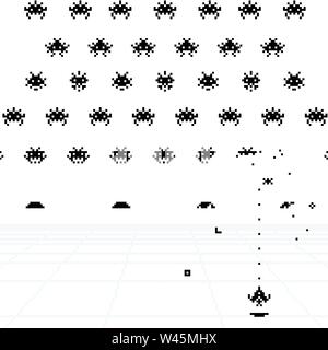 Game interface and game elements in pixel style art. Vector illustration. Stylish arcade about battles with space invaders. The classic game of the 80 Stock Vector
