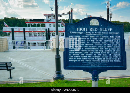 Historical Marker for High Red Bluff, the sign inscription tells of this strategic wharf area in history, now Riverwalk  Park, with riverboat docked i Stock Photo