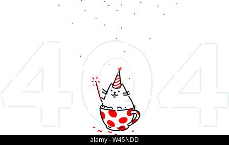 Cartoon funny cat on page 404. Vector flat illustration. The character is isolated on a white background. Kitty in the cup. Funny kitty for the site a Stock Vector