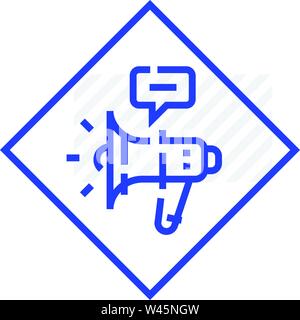 Megaphone speaker. Advertising agitation, information and messages. Vector icon isolated on white background. The fashionable icon is blue. Ready logo Stock Vector