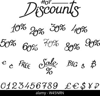 A set of discounts, digits, currency signs. Vector lettering, calligraphy. An inscription for shops and price tags. Currency signs. The sizes of disco Stock Vector