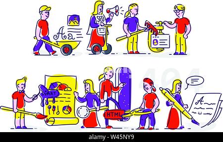 Professions of developers, information technologies. Vector icons, illustration in a flat style. Illustration for web banner, poster and print. Brande Stock Vector