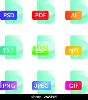 Icons for expanding formats. File Icons. Vector flat icons with gradient, isolated on white background. Fashionable style. Icons for website and print Stock Vector