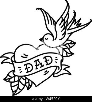 A tattoo with the inscription of Dad. Heart tattoo with a birdie. Tattoo in the style of the American old school. Vector flat tattoo. The illustration Stock Vector