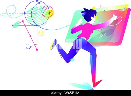 The girl solves mathematical problems. Vector illustration isolated on white background. Developer application. Businesswoman. Illustration for websit Stock Vector