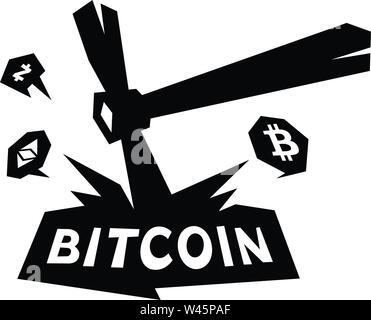 Mining logo, bitcoin mining. Metal pickax extracting crypto currency. Vector logo. Logo for company isolated on white background. Brand of the company Stock Vector