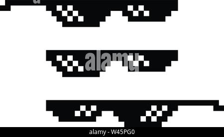 Pixel black sunglasses 8 bit. Spectacles for gangster and thug, bad guy. Internet meme. Accessory for rake and caricature. Vector flat on a white back Stock Vector