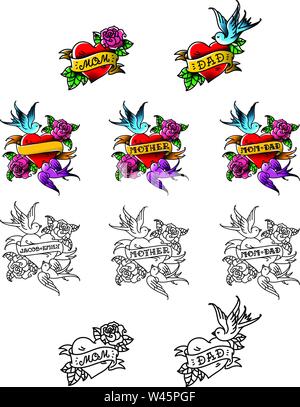 A set of congratulatory tattoos for mom and dad. Heart with birds and flowers. Recognition of love for parents. Templates for tattoos for names. Vecto Stock Vector