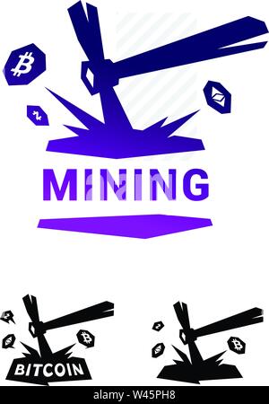 Mining logo, bitcoin mining. Metal pickax extracting crypto currency. Vector logo. Logo for company isolated on white background. Brand of the company Stock Vector