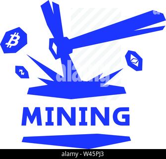 Mining logo, bitcoin mining. Metal pickax extracting crypto currency. Vector logo. Logo for company isolated on white background. Brand of the company Stock Vector