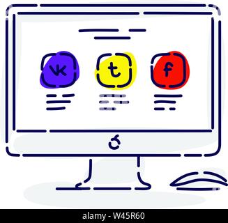 Illustration of a monitor with icons of social networks. Drawing isolated on white background. Vector flat illustration. Fashionable icon. Stock Vector