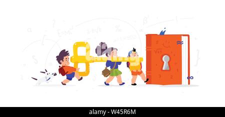 Illustration of cartoon children. Vector flat illustration. Children open a book, knowledge. Children's Library. The key to new knowledge. Image is is Stock Vector