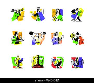 A set of icons on the theme of art forms. Music, choreography, singing, literature, theater, circus. Vector flat illustration. Hobbies of creative peo Stock Vector