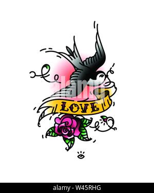 Tattoo Swallows with the inscription Love and a rose bud from below. Vector illustration. Tattoo of an American old school. Bird swift with ribbon and Stock Vector