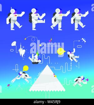 Illustration of astronauts in space. The characters of the astronauts for animation. Vector illustration. Flat style. Image for the site and print. Stock Vector