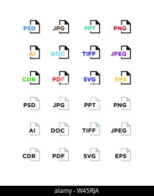 Icons for expanding formats. File Icons. Vector flat icons with gradient, isolated on white background. Fashionable style. Icons for website and print Stock Vector