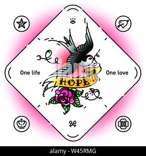 Tattoo swallow with the inscription Hope on the ribbon. Vector illustration. Tattoo, American old school. Swift and rose. Yellow ribbon for inscriptio Stock Vector