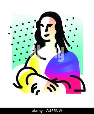 Illustration of the Mona Lisa. Icon of Gioconda, the artist Leonardo Davinci. Logo of a famous work, interpretation. Vector flat illustration. Logo fo Stock Vector