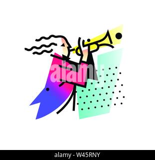 Illustration of a musician trumpeter. Logo playing on the pipe. Vector icon. Logo for jazz cafe, ensemble and orchestra of wind instruments. Character Stock Vector