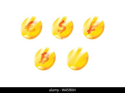 A set of coins with the image of currency signs. Dollar, euro, ruble, bitcoin. Gradient flat icons. Yellow coins. Vector illustration. Modern fashion Stock Vector