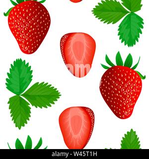 Falling strawberry seamless vector pattern. Ripe fruits whole and halves, leaves, isolated clipping path. Stock Vector
