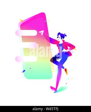 Illustration of a cute guy with a smartphone. Vector flat illustration. User of the messenger. The character communicates in the chat. Illustration fo Stock Vector