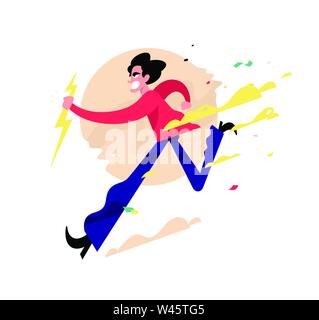 Illustration of a running evil guy. Vector illustration. A cute young man is running with heavenly lightning. The character of a male villain. Image Stock Vector