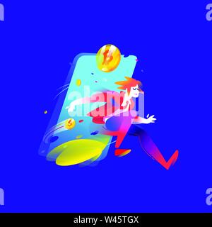 Illustration of a running man with coins bitcoin. Vector illustration. A bright and harezmatic character. Image is isolated on white background. Flat Stock Vector