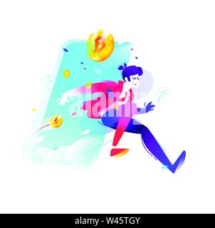 Illustration of a man with coins bitcoin and a dollar. Vector illustration. Running trader for layout design. Image is isolated on white background. F Stock Vector