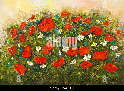 Original oil painting of Opium poppy( Papaver somniferum) and daisy field on canvas.Modern Impressionism Stock Photo