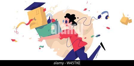 Illustration of a young man with boxes and things. Vector illustration. The courier delivers the goods. A cartoon character. Image is isolated on whit Stock Vector