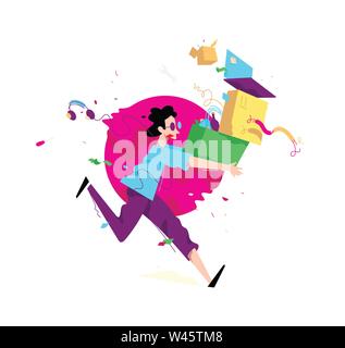 Illustration of a young man with boxes and things. Vector illustration. The courier delivers the goods. A cartoon character. Image is isolated on whit Stock Vector