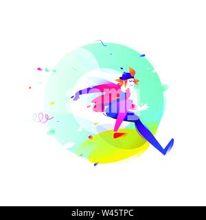 Illustration of a cartoon young man. Vector illustration. The boy runs out of the letter O. The image is isolated on a white background. Flat fashion Stock Vector