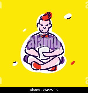 The character of the young man is sitting in a lotus pose with a tablet. Vector illustration. Image is isolated on white background. Cartoon character Stock Vector