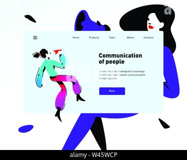 Style for the site about communications. Vector layout. Design of the layout. A flat illustration is isolated on a dark background. Landing page templ Stock Vector