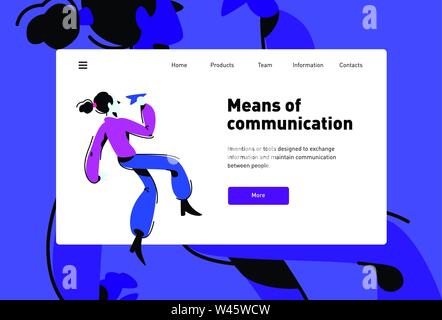 Style for the site about communications. Vector layout. Design of the layout. A flat illustration is isolated on a dark background. Landing page templ Stock Vector