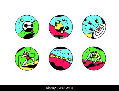 A set of icons on a theme of sports. Vector illustration. Vintage style, retro. Sport games. Square icons for the site, banner. Brand stickers, avatra Stock Vector