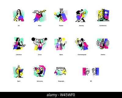 A set of icons on the theme of art forms. Music, choreography, singing, literature, theater, circus. Vector flat illustration. Hobbies of creative peo Stock Vector