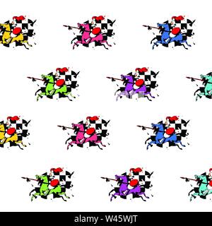 Chess pattern. Vector ornament. Image is isolated on white background. Character in the cartoon style. Pawn on horseback with a spear. Background for Stock Vector