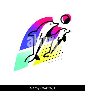 Illustration of dolphins by the ocean. Vector icon. Image is isolated on white background. Two dolphins are playing near the beach. Logo for the zoo, Stock Vector