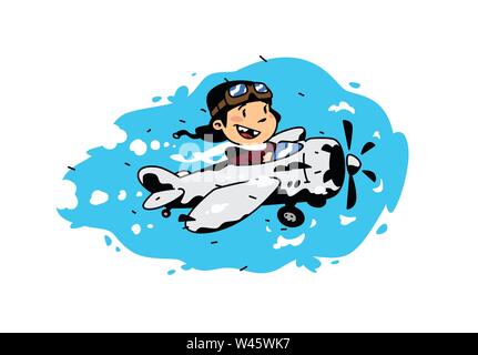 Illustration of a cartoon boy flying in a plane among the clouds. Vector illustration. Image is isolated on white background. Illustration for print a Stock Vector