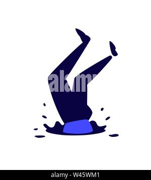 Illustration of a man falling into a pit. Vector illustration. Legs up. Image is isolated on white background. Logo protruding legs from the hatch, pu Stock Vector