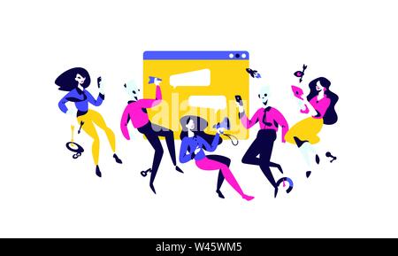 Illustration of managers on the background of the interface. Vector flat illustration. Employees in the office. Image is isolated on a blue background Stock Vector