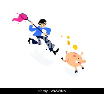 Illustration of a thief running after a piggy bank with a net. Vector illustration. Image is isolated on white background. A cartoon thief is trying t Stock Vector