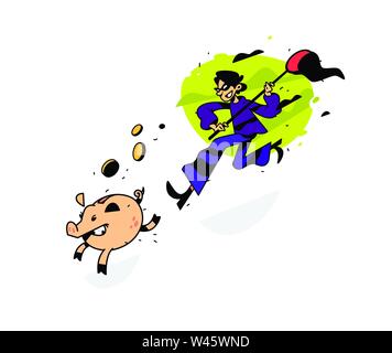 Illustration of a thief running after a piggy bank with a net. Vector illustration. Image is isolated on white background. A cartoon thief is trying t Stock Vector