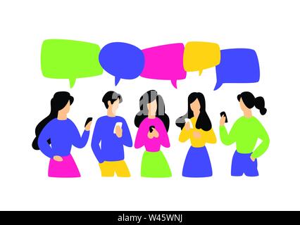 Illustration of communicating people. Vector illustration. Image is isolated on white background. Flat style, businessmen discuss social network, news Stock Vector