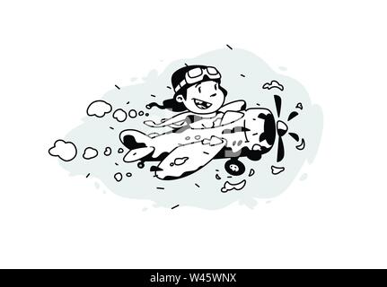 Illustration of a cartoon boy flying in a plane among the clouds. Vector illustration. Image is isolated on white background. Illustration for print a Stock Vector