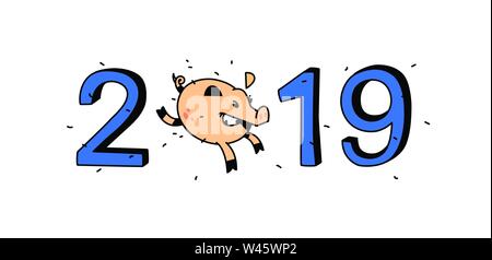 Illustration of the year of the pig 2019. Vector illustration. Image is isolated on white background. A running pig with numbers. New Year in the Chin Stock Vector