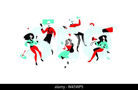 Illustration of Seo Specialists. Vector flat illustration. Employees in the office. Image is isolated on white background. PR specialists, advertisers Stock Vector