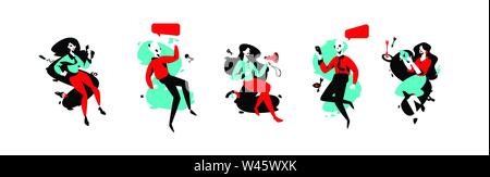 Illustration of specialists in advertising. Vector flat illustration. A set of advertisers and PR specialists. Specialists in advertising on the Inter Stock Vector